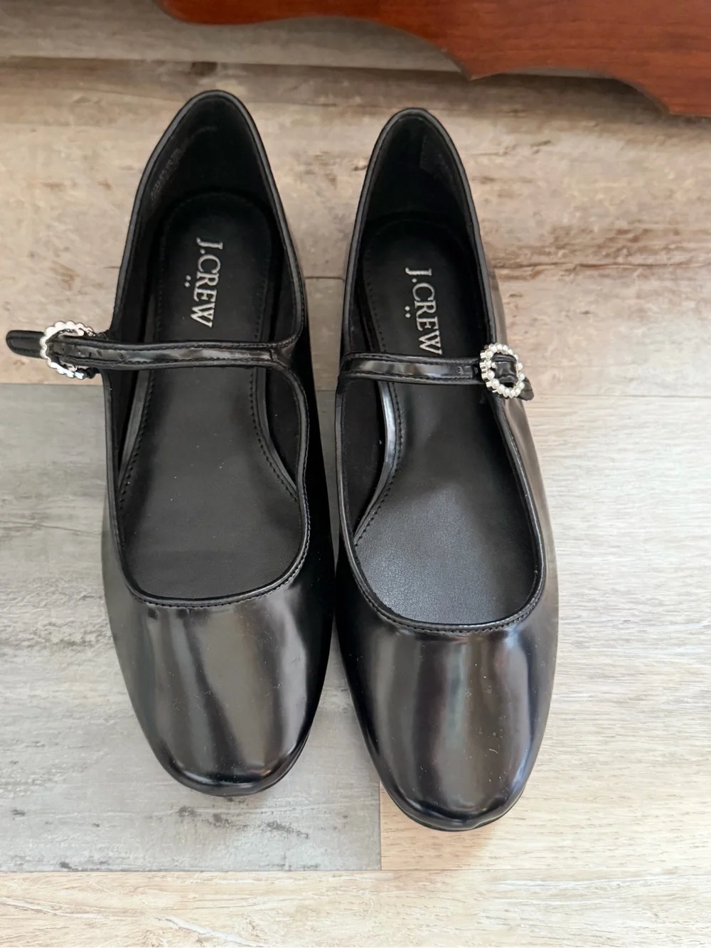 J. Crew Black Patent Mary Jane Flats with Crystal Buckle Accent